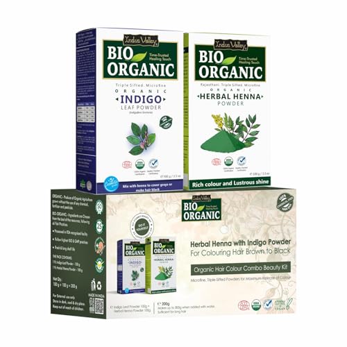 INDUS VALLEY Bio Organic 100% Pure Indigo Powder & Herbal Henna Powder Hair Color Combo Kit for Natural Hair Dyeing - Black, Indigo - 100 gm Each, Without Preservatives