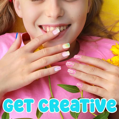 7 Day Manicure Collection - 84PC Press On Nail Set, Day-of-The-Week Adhesive False Nails for Girls (Set of Brights or Pastels) – Colorful Novelty Designs Stick On Nails for Kids