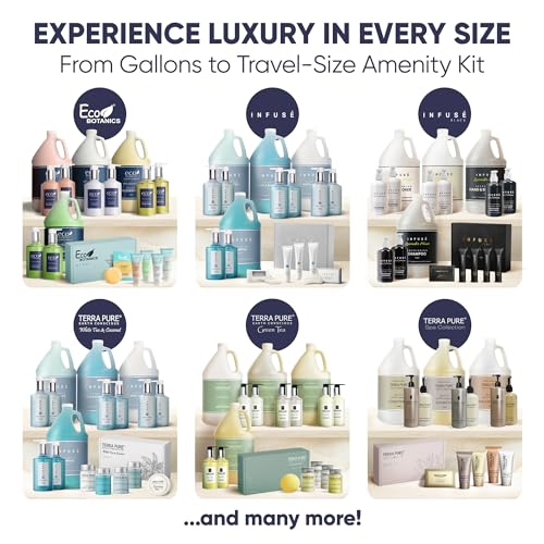 Terra Pure White Tea & Coconut Amenity & Accessory Kit |1oz Travel Size Shampoo, Conditioner, Lotion, Body Wash, 2 Cleansing Bars, Shave & Dental Sets, Make-Up Remover Wipes, & Vanity Kit | 60 Boxes