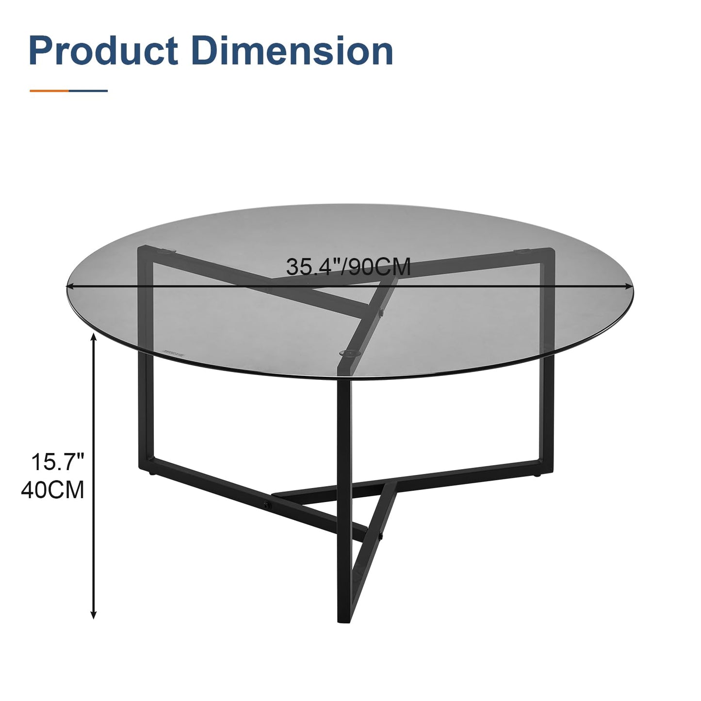 CLIPOP Small Round Coffee Table, Tempered Glass Coffee Table with Triangle Structure Metal Frame, Adjustable Feet Padded, Modern Coffee Table for Living Room, Small Space, Black