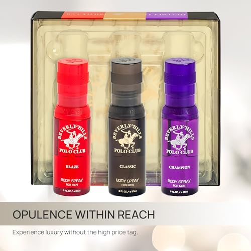 Beverly Hills Polo Club Men's Body Spray Collection Gift Set Featuring Luxury Designer Cologne Scents for Long Lasting Freshness BHPC 3 oz 3 Count (Gold)