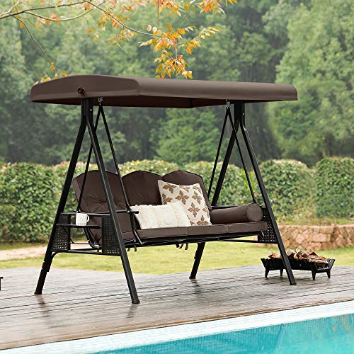 Pamapic 3-Seat Porch Swing with All-Weather Steel Frame, Adjustable Swing Chair with Canopy, Removable Cushion and Pillow Hammock with Stand for Outside, Backyard, Porch, Poolside, Balcony (Topaz)