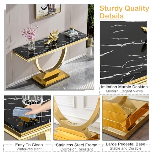 Modern Marble Console Table with Stainless Steel O-Base, 47" Luxury Gold Entryway Table for Living Room, Black Faux Marble Sofa Tables Behind The Couch Hallway Tables for Entrance