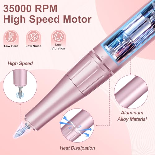 Electric Nail Drill Professional, 35000RPM Portable Efile Nail Drill with 11Pcs Nail Drill Bits, Rechargeable Nail Drill Machine with LCD Display for Acrylic Nail Remove Gel Polish for Home Salon Use