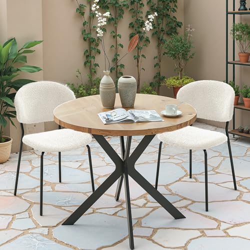 Howtek Dining Chairs Set of 2, Mid Century Modern Boucle Upholstered Fabric Kitchen Chairs with Curved Backrest & Metal Legs for Living Room, Dining Room, Vanity - Beige