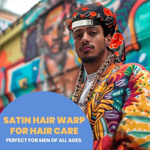 Premium Non Slip Satin Bonnet for Men Curly Hair, Dreadlock Loc Cap Silk Double Layer Sleeping & Shower Wrap Anime Soft Band