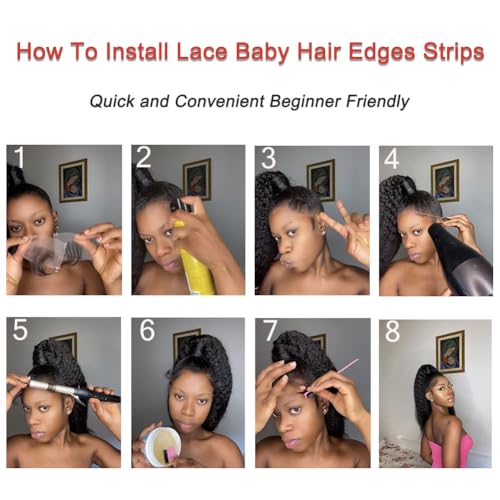 Edges Hair HD Lace Strips for Women - Reusable Invisible Lace Hairline with 4 Pcs Natural Handmade Real Human Hair Pieces, Black Color
