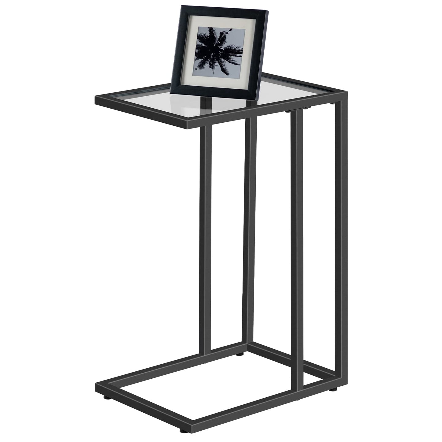 HOOBRO C Shaped End Table, Tempered Glass Snack Side Table with Metal Frame, TV Tray Table for Small Space, Sofa Couch and Bed, Modern Style, Black BK03SF01