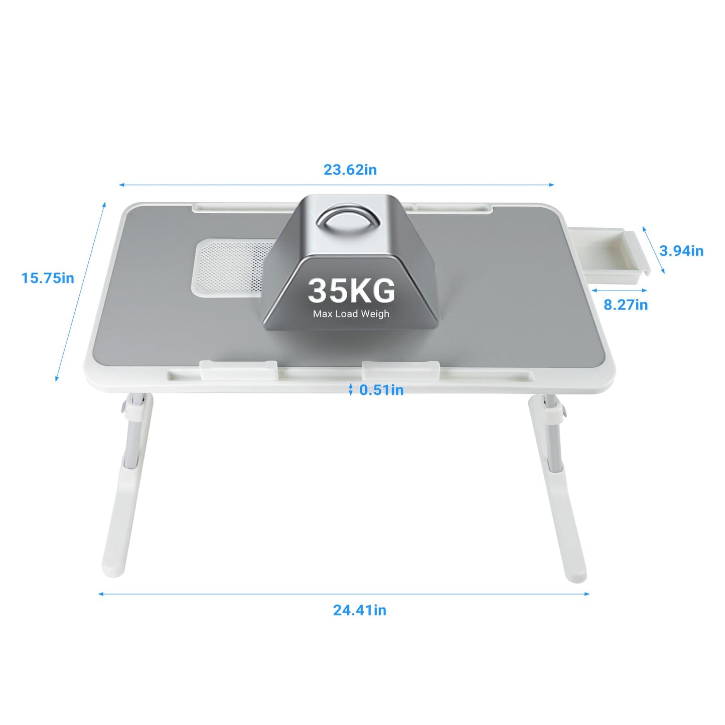 iXTRA Laptop Lap Desk with Cooling Fan - Adjustable with Light, USB, Storage Drawer - Folding Bed Desk,23.62"*15.74",Grey