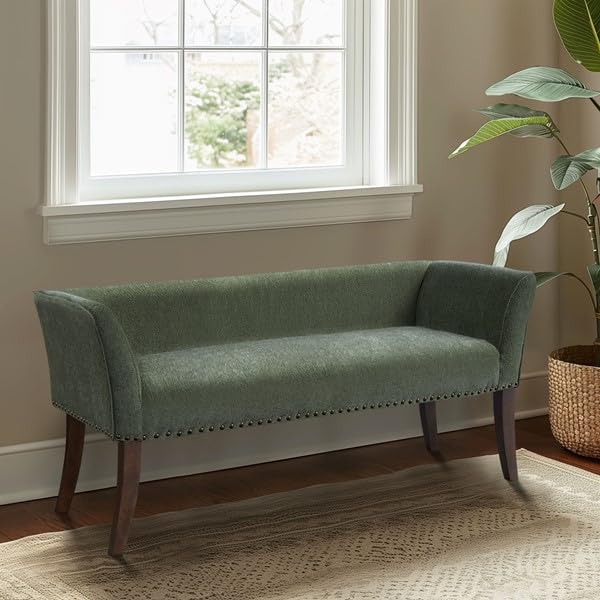Madison Park Accent Bench, Plush Upholstered, Nailhead Trim, & Padded Seat Entryway Bench Small, End of Bed Bench with Back, 49.5" W x 19.25" D x 23" H, Green