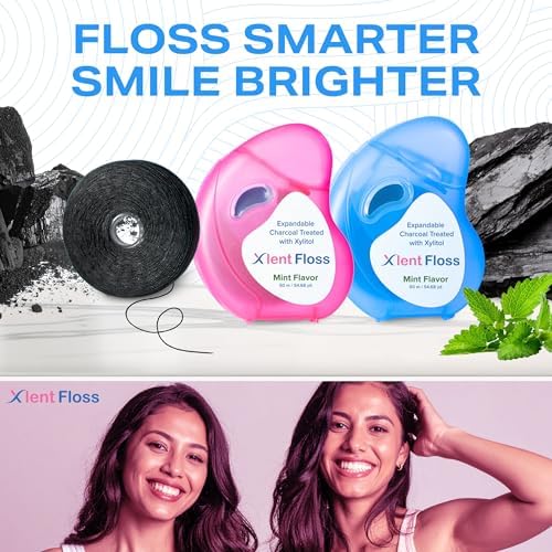 Expandable Dental Floss Treated with Activated Charcoal with Xylitol and Natural Plant Based Wax | Mint Flavor | PFAS & PTFE Free | Pack of 2 (50 m Floss Containers)