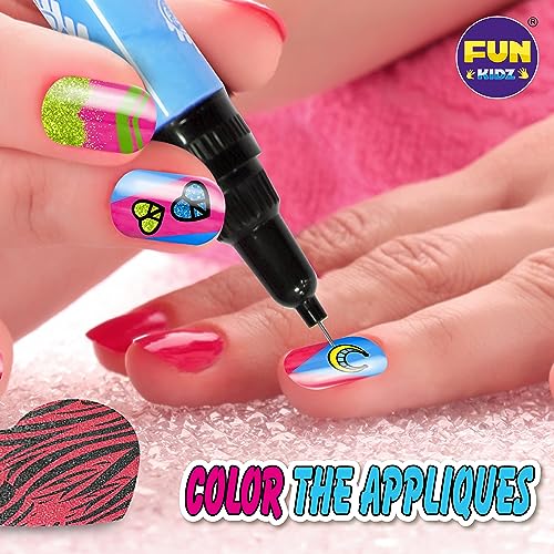 Craft Nail Pens Kit for Kids Ages 7-12, FunKidz Nail Set with Nail Polish Glitter Sticker Temporary Makeup Nails Kit for Girl Teens Party Activities Gifts