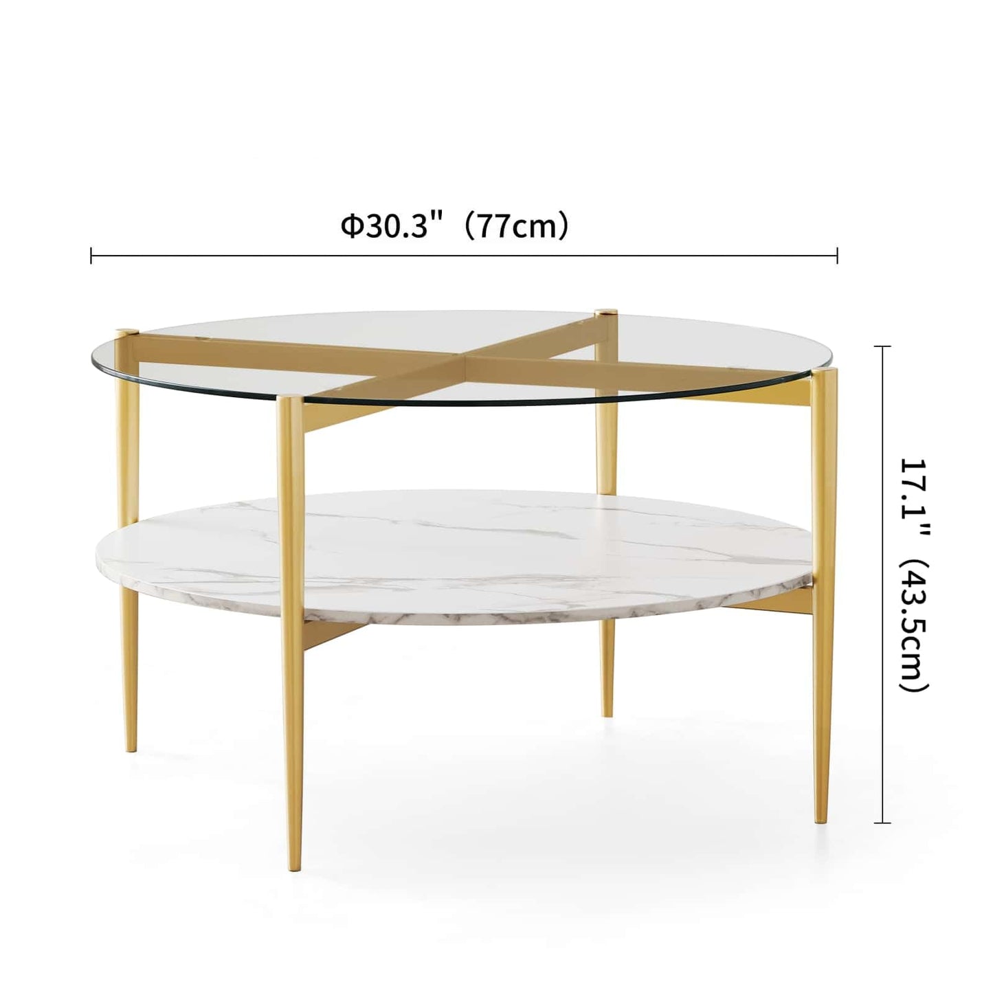 LumFurn Round Coffee Table for Living Room, Mid-Century Modern Design, D30 x H17, 2-Tier Structure, Clear Glass Top and White Marble Finish Wood Shelf, Sleek Conical Metal Legs with Gold Finish Frame