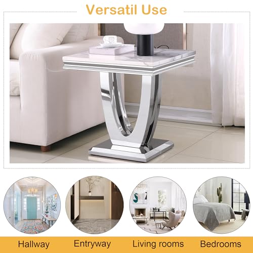 Marble End Table for Living Room, 22.8" Modern Suqare Sofa Side Table with Silver Stainless Steel U-Base, White Faux Marble Nightstand Bedside Tables Corner Tables for Bedroom, Home Office
