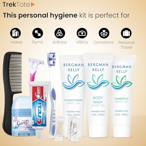 Trektote Travel Toiletry Kit For Women – (50 Pack) 12 Piece Set Of Travel Size Toiletries, TSA Compliant, Travel Essentials, Includes Shampoo And Conditioner, Body Wash, Toiletry Bag & More