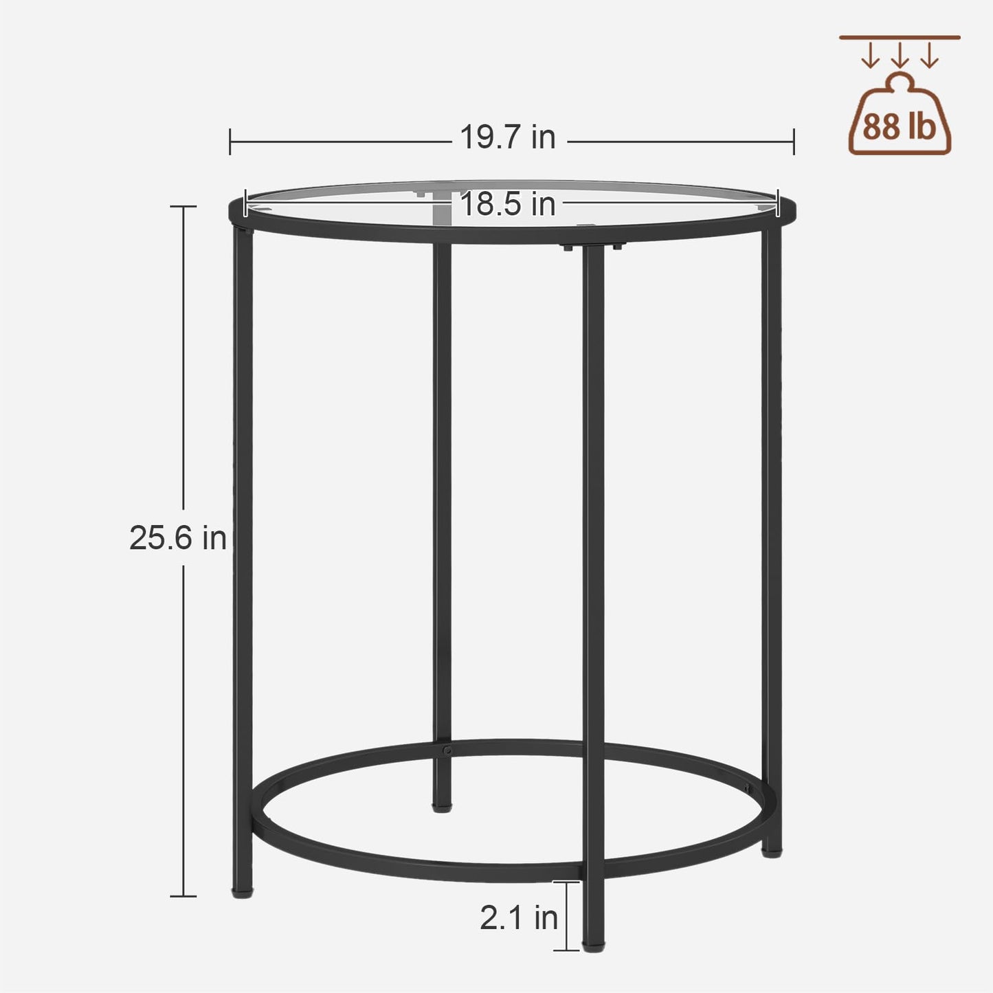 Livofloral 19.7’’ Round Glass End Table, Round Bedside Table with Tempered Glass Top, Black Glass Side Table with Metal Frame, Modern Round End Table for Living Room Balcony Bedroom Porch Patio