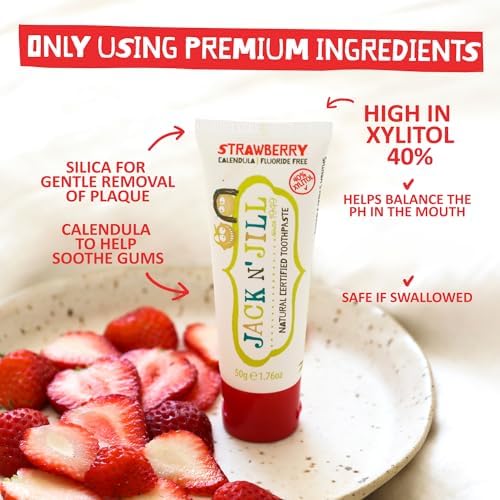 Jack N' Jill Natural Toothpaste for Kids - Fluoride Free Toothpaste, 40% Xylitol, BPA Free - Strawberry & Blueberry, 1.76 oz (2 Pack)