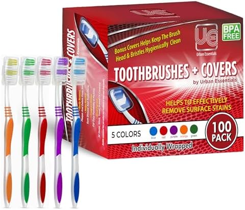 Urban Essentials Bulk Toothbrush Package with Covers | Premium Quality Individually Wrapped Colorful Tooth Brushes | Medium Soft Toothbrush Hygienic Cap for Donations, Travel, Hotels (100 Pack)