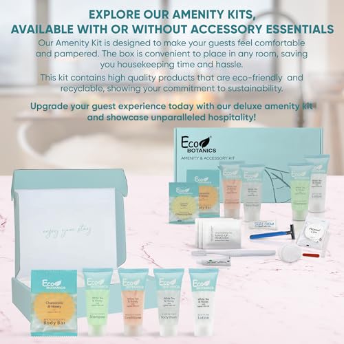 Eco Botanics Amenity Kit | Boxed Hotel Toiletries | Bulk Set .85 oz Travel Size Shampoo, Conditioner, Lotion, Body Wash & Body Bar Soap for Guest Hospitality AirBnB/Vacation Rentals | 15 sets per case