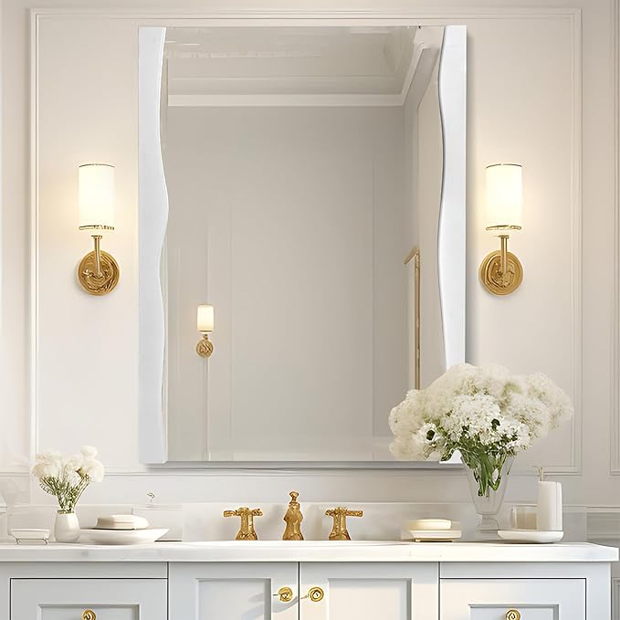 Tanmicoshomy White Bathroom Mirror 20x28 Inch, Asymmetrical Wood Framed Rectangle Wall Mirrors for Bedroom or Living Room, Vertical or Horizontal Hanging
