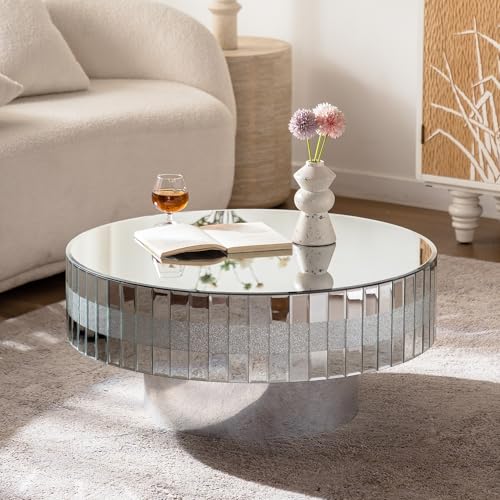 Round Coffee Table with Dazzling Crushed Crystal Border, 31" Round Silver Mirrored Coffee Table for Living Room, Glam Modern Glass Living Room Center Tea Cocktail Table, Bedroom Pedestal Nightstand