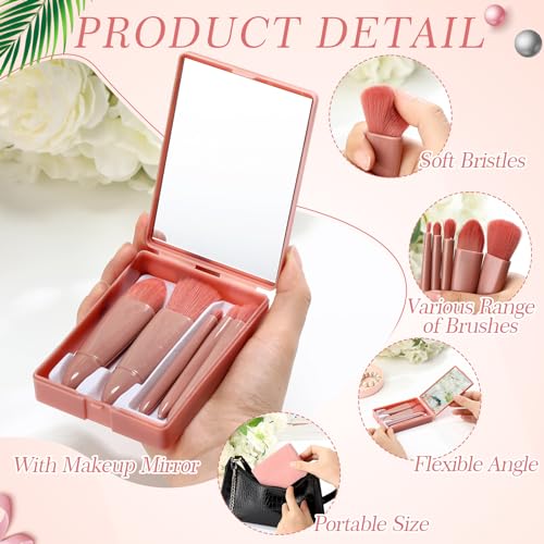 12 Set Travel Makeup Brush Set Bulk with Mirror Mini Travel Makeup Brushes Thank You Cards and Organza Bag Bridesmaid Gift for Bachelorette Party Gift Wedding(Pink)
