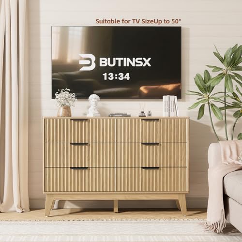 Butinsx Modern 6 Drawer Dresser, Natural Oak, Fluted Wave Design, Rounded Corners, Dresser TV Stand, 48" Wide Chest of Drawers for Bedroom and Living Room