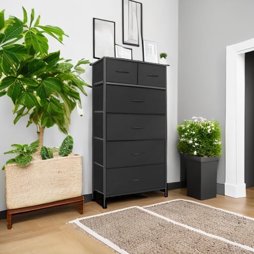 Mifuro Tall Dresser for Bedroom, Vertical Storage Organizer Tower with 6 Drawers, Chest of Drawers with Fabric Bins, Steel Frame, Wood Top for Bedroom, Closet, Entryway- Black