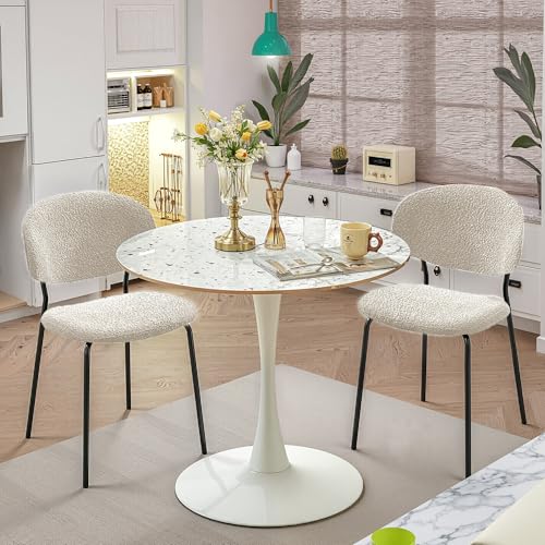 Howtek Dining Chairs Set of 2, Mid Century Modern Boucle Upholstered Fabric Kitchen Chairs with Curved Backrest & Metal Legs for Living Room, Dining Room, Vanity - Beige