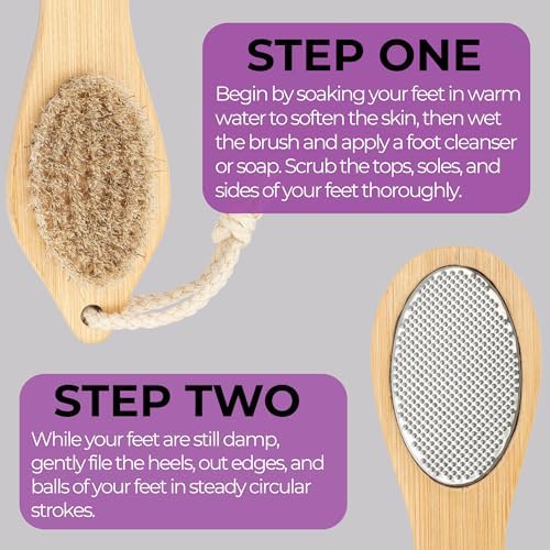 Dermasuri 4 in 1 Exfoliating Foot Scrub Kit - Multi Purpose Foot Care - Natural Bamboo Pedicure Foot Spa Kit - Pumice Stone Callus Remover, Stainless Steel File, Sand Paper Surface, & Dry Brush