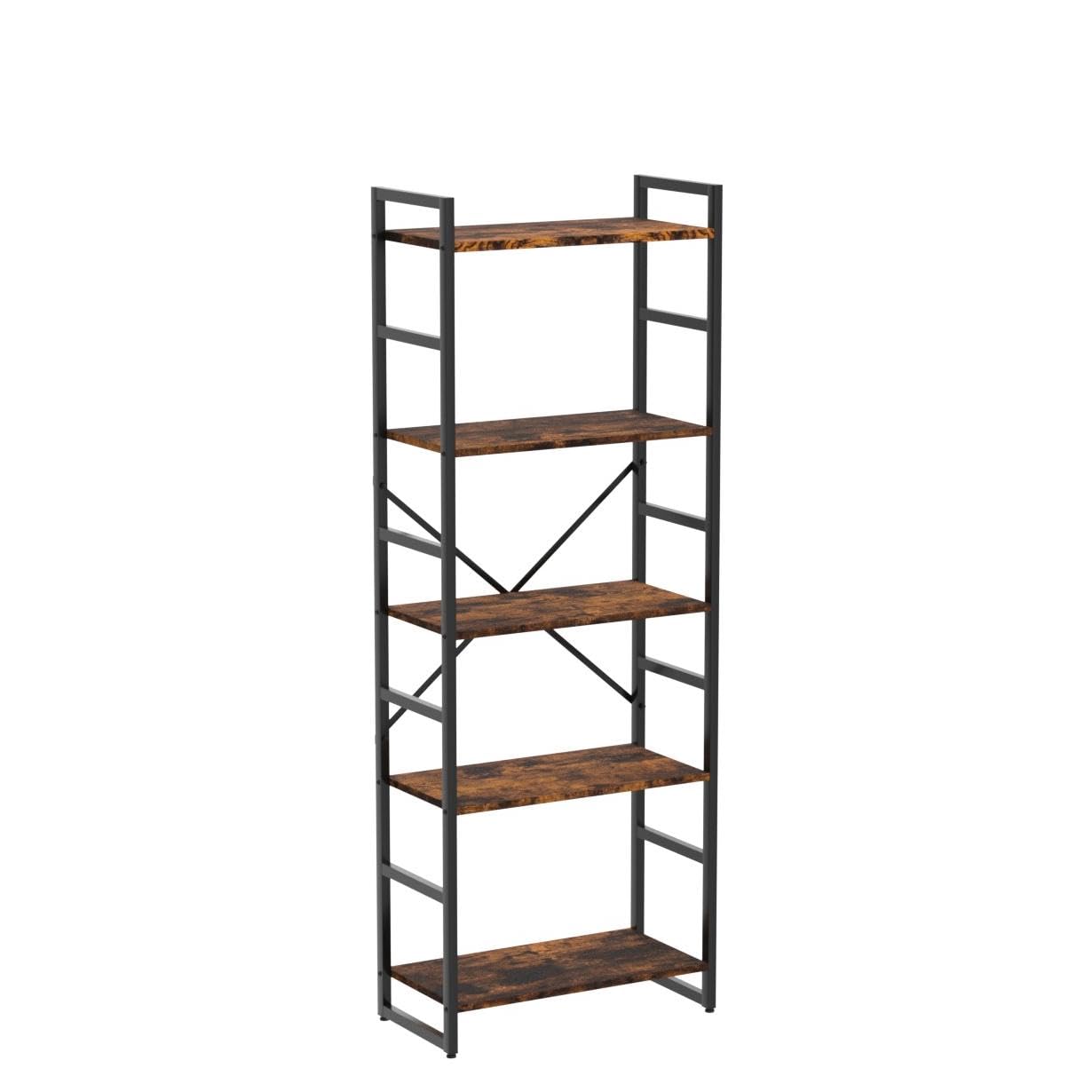 Shintenchi Bookshelf, 5 Tier Bookshelf, Tall Bookcase Shelf for CDs/Movies/Books, Home Office Bookcase Shelf Storage Organizer, Modern Book Shelf for Bedroom/Living Room/Home Office, Rustic Brown