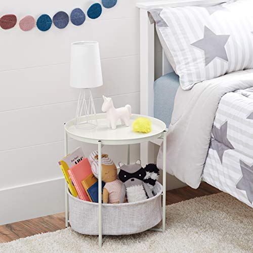 Amazon Basics Round Storage End Table, Side Table with Cloth Basket, White/Heather Gray, 17.7"L x 17.7"W x 18.9"H