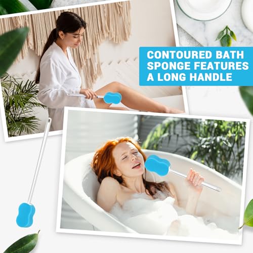 Norme 3 Pcs 22.4 Inch Long Handle Back Bath Sponge Lightweight Sponge on a Stick Body Cleaning Handled Washer Scrubber for Foot Body Limited Range of Motion, Blue