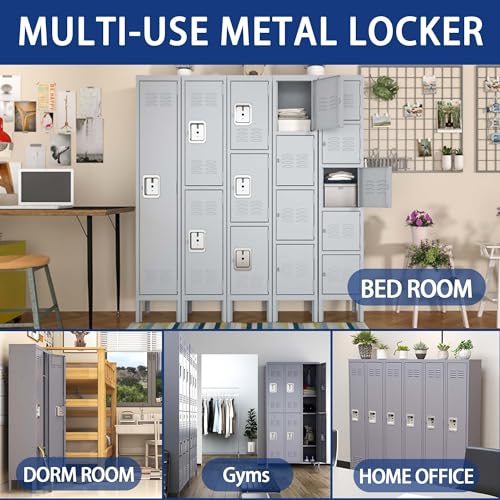 Storage Locker Cabinet, with 6 Doors and Lock, Gray, Durable & Easy to Maintain, for Living Room, Bedroom, and Kitchen
