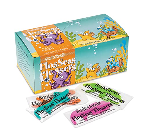 Practicon SmileGoods FlosSeas Flossers, Individually Wrapped Kids Flossers, Sea Animal Shaped Flosser for Children, Box of 200