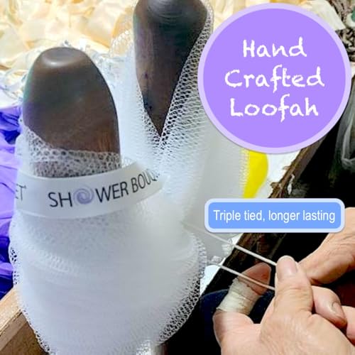 SHOWER BOUQUET Loofah-Charcoal Bath-Sponge XL-Color-4-Pack // Extra Large 75g Soft Mesh Black Luffa Loofa Loufa Puff Set/Exfoliating Body Scrubber for Women and Men - Exfoliate & Soothe Face & Body