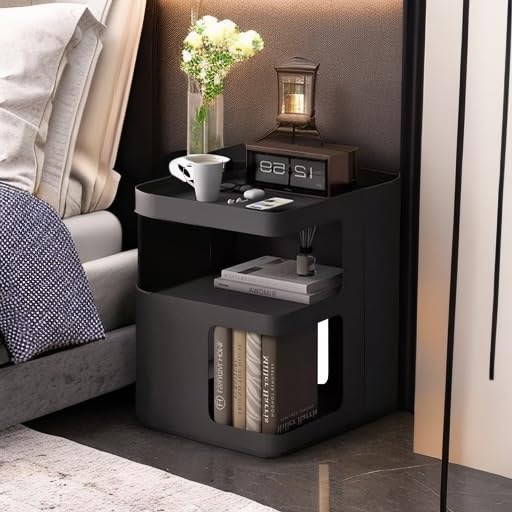 BUZUEY Side Table,Modern end Table,Metal Black nightstand,Bedside Table,3-Tier Accent Table with Storage for Bedroom,Living Room,Small Space,Couch.No Assembly Required