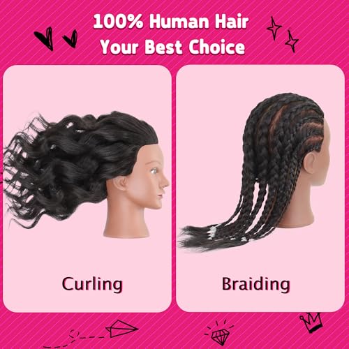 Mannequin Head with Human Hair 16" Cosmetology Manikin Doll Head 100% Real Human Hair for Styling Hairdresser Practice Braiding with Free Clamp Holder