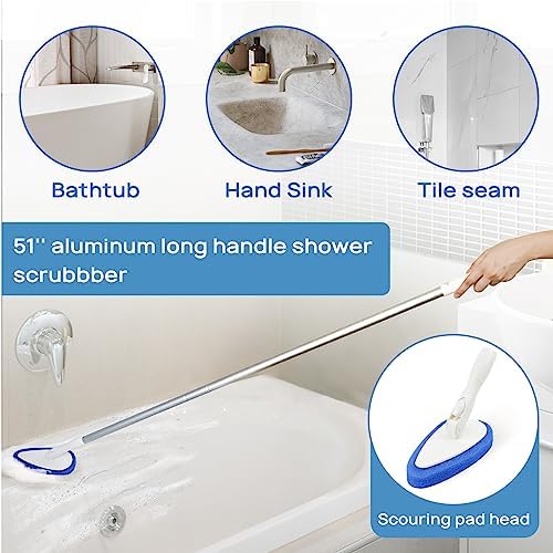 Qaestfy Shower Scrubber Cleaning Brush Combo Bath Tub Tile Cleaner Scrubber Brush with 51'' Adjustable Long Handle Scrub Brush for Bathroom Shower Bathtub Wall Mop Cleaning Scrubbing