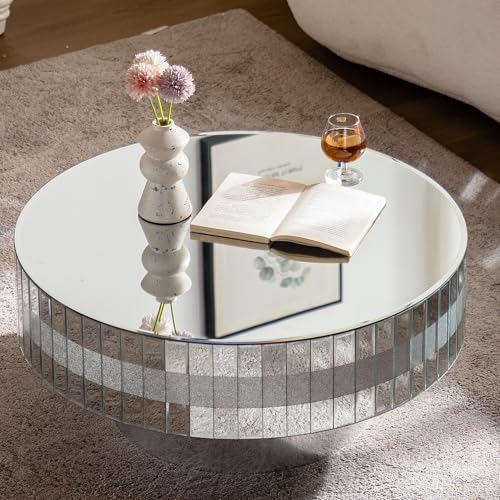 Modern Round Mirrored Coffee Table for Living Room, Silver Glass with Decorative Crystal Edge, Glam Round Accent Table Mirrored Center Table for Home Office, Silver, 31'' Dia x 14''H