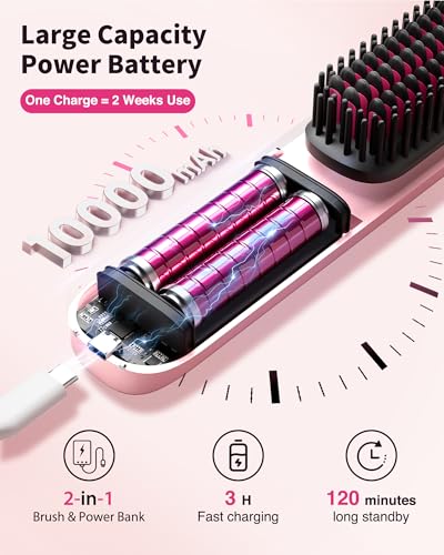 Cordless Hair Straightener Brush - Portable Hair Brush for Travel - 30s Fast Heating - 300 Million Negative Ions for Frizz-Free Shine, Touch Up On-The-Go, Gift for Women,10,000mAh