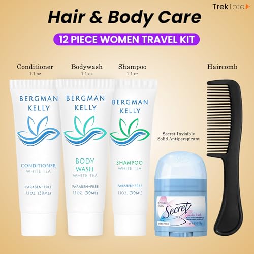 Trektote Travel Toiletry Kit For Women – (50 Pack) 12 Piece Set Of Travel Size Toiletries, TSA Compliant, Travel Essentials, Includes Shampoo And Conditioner, Body Wash, Toiletry Bag & More