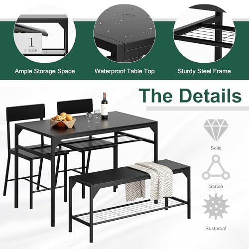 Shintenchi Kitchen Table Chairs Set of 4, Dining Table Set for 4 with Bench and Chairs, 4 Pieces Kitchen Table Set with Storage Rack & Metal Frame for Small Space, Black