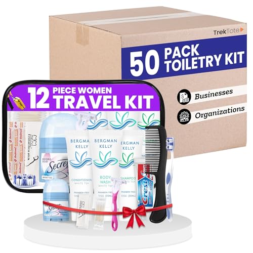 Trektote Travel Toiletry Kit For Women – (50 Pack) 12 Piece Set Of Travel Size Toiletries, TSA Compliant, Travel Essentials, Includes Shampoo And Conditioner, Body Wash, Toiletry Bag & More