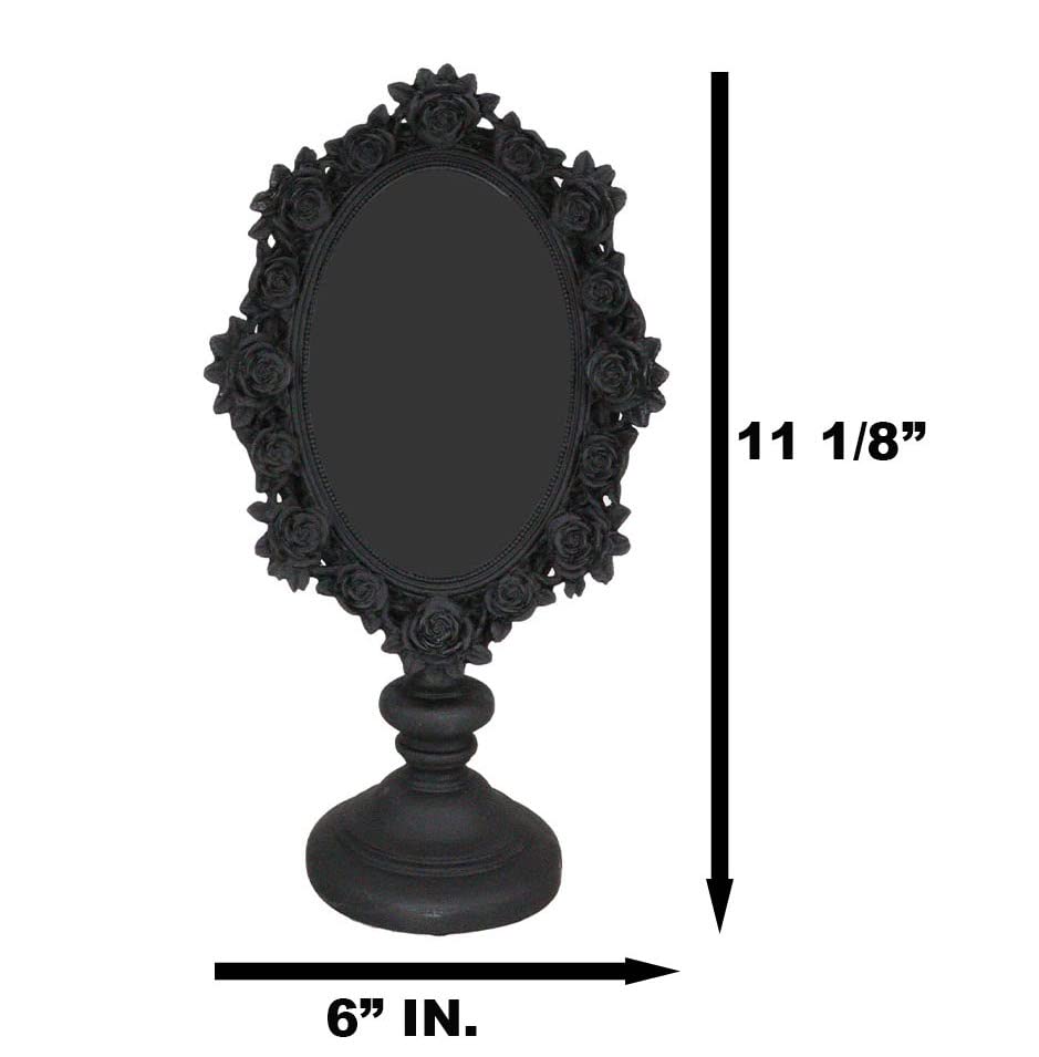Ebros Gift Victorian Black Gothic Roses Floral Decorative Vanity Dressing Desktop Table Mirror Oval Shaped Figurine with Dark Alchemy Ossuary Macabre Boudoir Accent