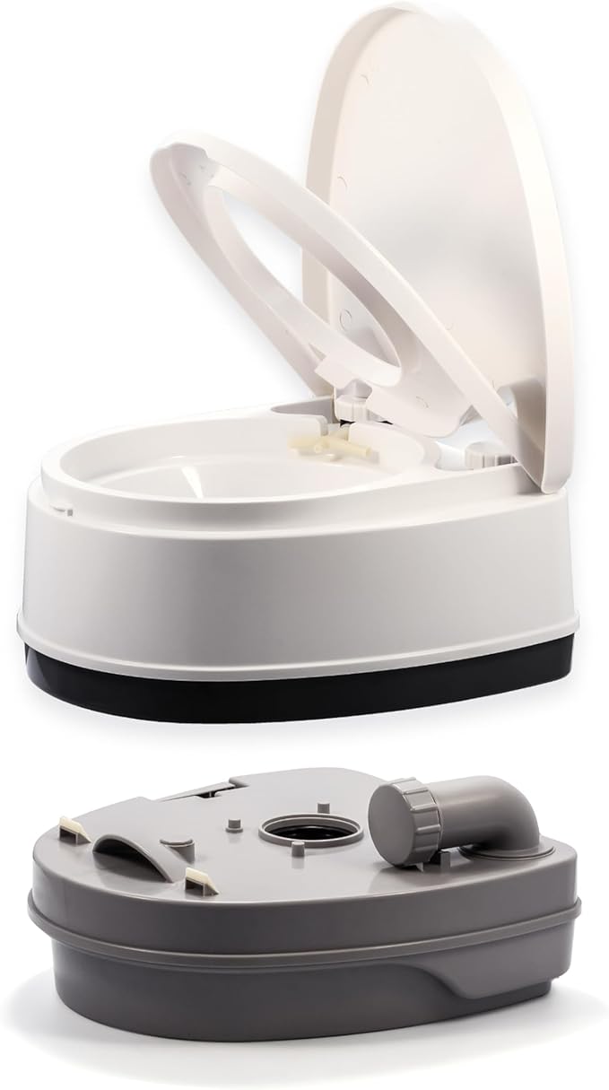 Camco RV Premium Travel Toilet - Features a 5.3-Gallon Detachable Holding Tank, Pump Flush Design & Spring-Loaded Latch (41535)