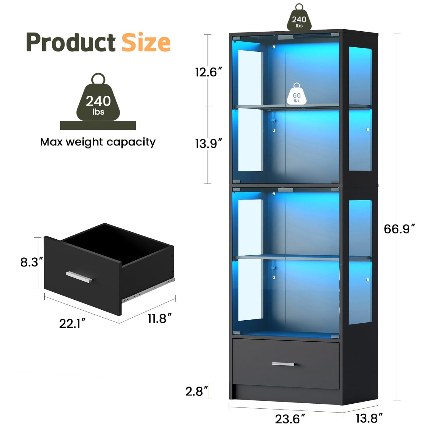 Lamtor Display Cabinet with Glass Doors - 67" Curio Cabinet with RGB LED Lights and Drawer for Collectibles, 4 Tier Glass Display Case for Living Room, Office, Black(Narrow)