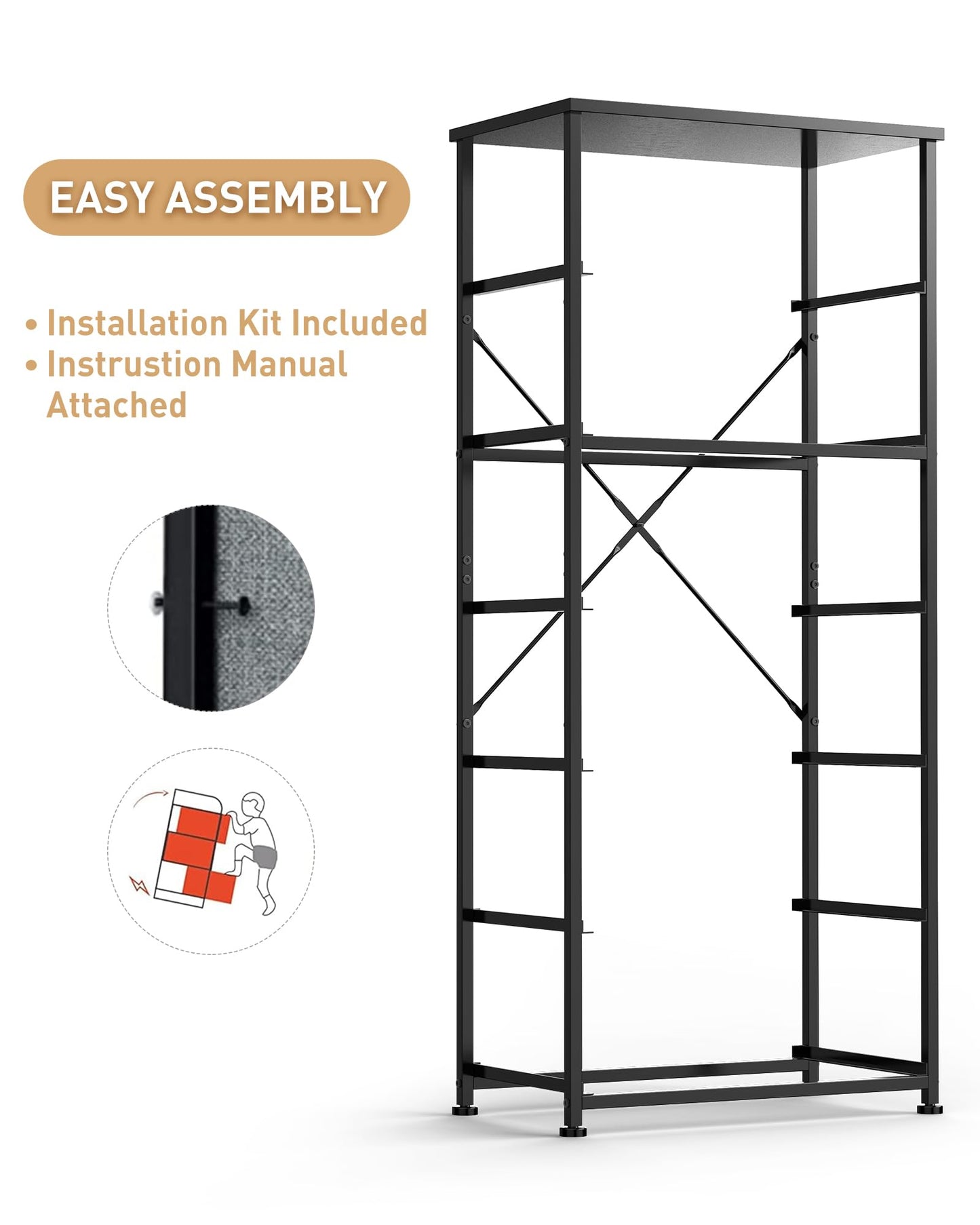 Tall Fabric Dresser for Bedroom, Vertical Storage Organizer Tower with 6 Drawers, Chest of Drawers with Bins, Steel Frame, Wood Top for Bedroom, Closet, Entryway Black