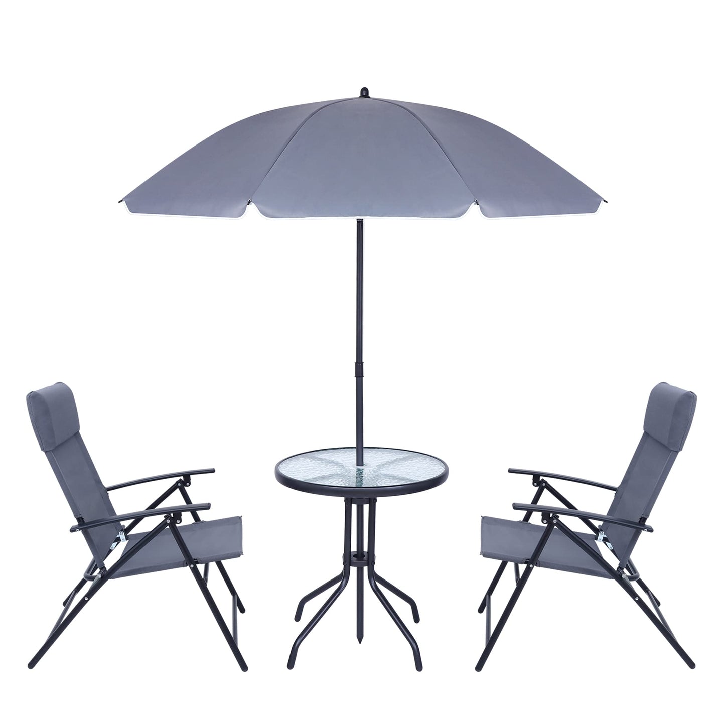 JOYTIO 4 Piece Patio Dining Set, Outdoor Garden Furniture Bistro Set with Tilted Removable Umbrella, 2 Folding Chairs, and Round Glass Table (Grey)