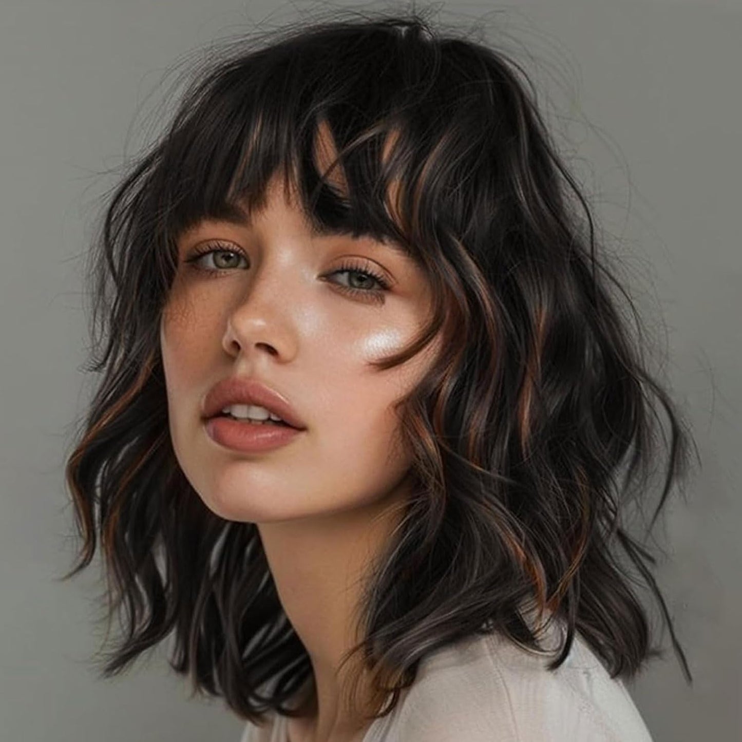 Lativ Black Mix Brown Wig with Bangs Short Wavy Wigs for Women Shoulder Length Curly Bob Wigs 14 Inches for Halloween Cosplay Daily Party Use